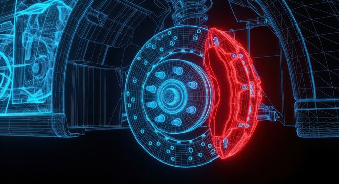 A detailed illustration of a brake caliper and rotor assembly in a cutaway view showcasing mechanical components.