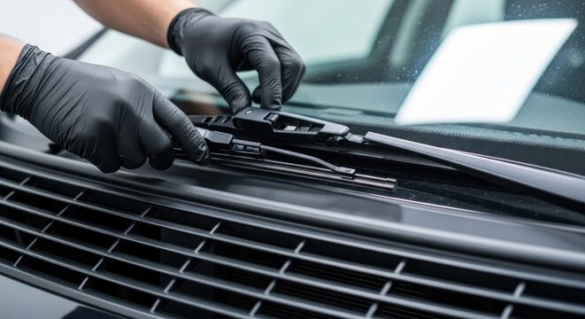 A person installs new windshield wipers on a car's front grille.