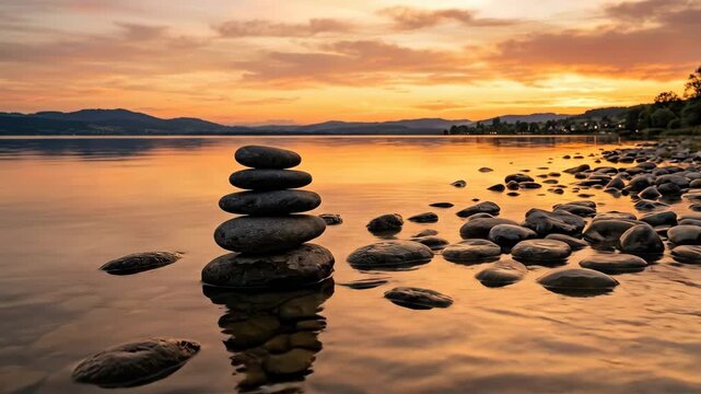 Smooth flat stones reflected on the calm lake surface at sunset, warm amber glow on the water with a serene evening sky visible above, zen meditation and wellness concept in a wide horizontal