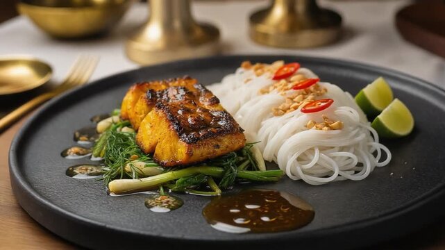 Cinematic Cha Ca La Vong with Golden Fish Crust, Fresh Dill and Mam Tom