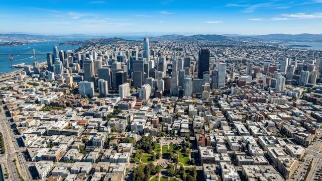 San Francisco skyline and Embarcadero waterfront aerial view on a clear day