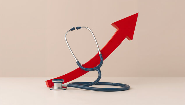 病院経営の負担増を示す聴診器と赤い上昇矢印のビジュアル