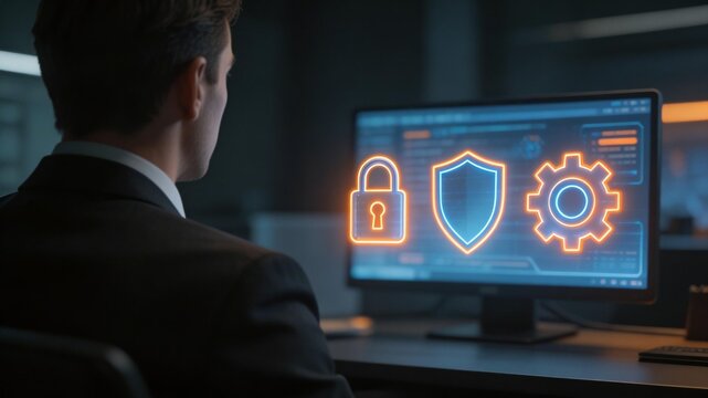 IT manager looking at glowing security icons on computer screen, data governance and cybersecurity concept.