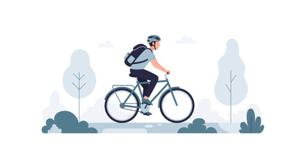 Obraz premium A young man wearing a helmet and backpack riding a bicycle. EPS Editable. Vector Illustrations.