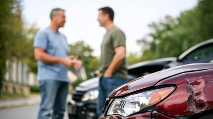 Naklejka premium Car Damage Discussion: Two individuals in the aftermath of a car accident, the focus on the damaged vehicle and their ensuing discussion.