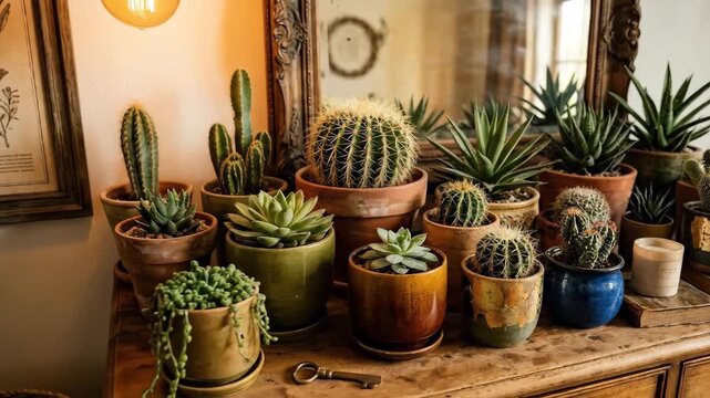 A rustic retro composition featuring a honey-stained wooden vintage commode with original hardware, a tarnished patina mirror in a carved wood frame, an abundant cluster of potted cacti and succulents