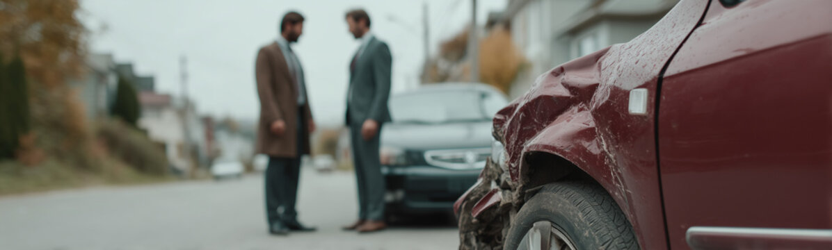 Automobile Accident Scene: Two individuals in formal attire stand facing each other, engaged in conversation amidst the aftermath of a car collision on a quiet street.