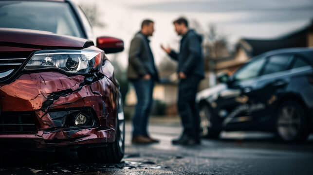 Accident Scene Discussion: Two individuals engaged in a serious discussion following a car collision, the crumpled front of a red vehicle underscores the severity of the incident.