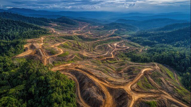 Tropical rainforest deforestation showing clear-cut land and dirt roads
