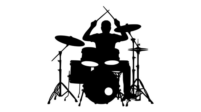 Silhouette of a man playing a drum set energetically