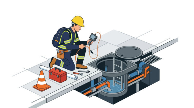 Utility Worker Inspecting Underground Sewer and Water Pipes with Camera Equipment Vector Illustration. Isometric Infrastructure Maintenance Concept.
