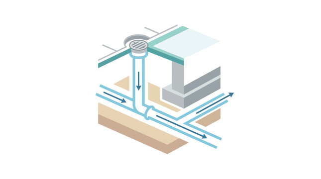 Isometric Diagram of Underground Drainage and Pipe System with Water Flow Arrows