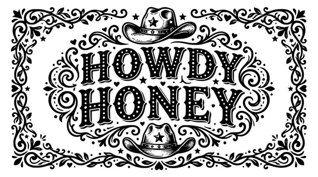 Western style illustration of cowboy hats and howdy honey text