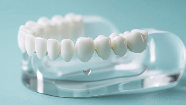 透明な顎模型に並ぶ白い歯を写した歯科教育用写真