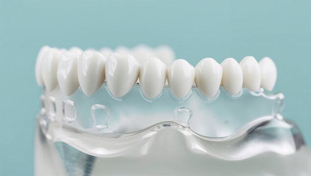 透明な顎模型に並ぶ白い歯を写した歯科教育用写真