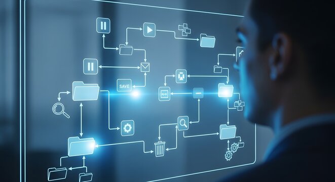 Man analyzing a complex digital flowchart on a futuristic transparent screen, representing data analysis and process management