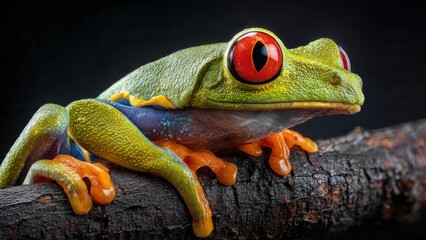 Naklejka premium Red-eyed tree frog close up on tree branch against dark background