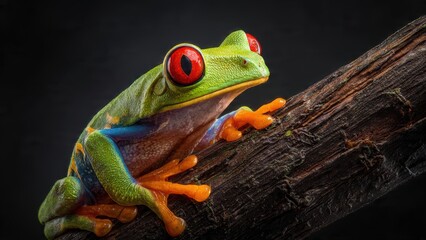 Naklejka premium Red-eyed tree frog perched on rustic branch with dark studio background