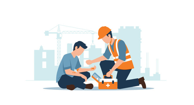 Construction Site Safety and First Aid Illustration: Worker Providing Medical Help to Injured Colleague with First Aid Kit