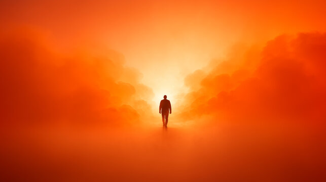 A Solitary Journey: A lone figure walks into an ethereal expanse of fiery hues, symbolizing determination and the courage to move forward.