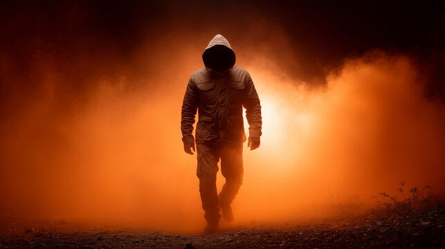 Silhouette in the Embers: A solitary figure, shrouded in a hooded cloak, emerges from a fiery haze, the stark contrast of light and shadow amplifying the sense of mystery and introspection. 