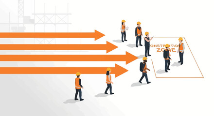 Fototapeta premium Construction Project Management and Growth Concept with Team of Workers and Progress Arrows
