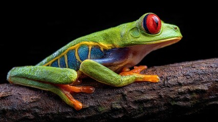 Fototapeta premium Red-eyed tree frog sitting on a tree branch with black background