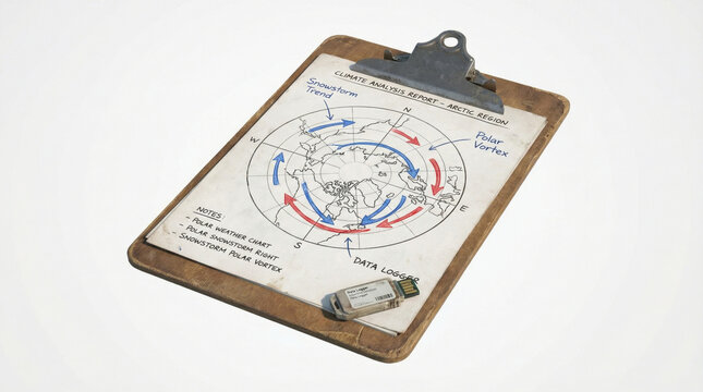 Climate analysis report on clipboard shows winter storm and polar vortex patterns with data logger for tracking weather changes