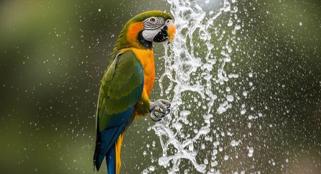 Colorful parrot splashing water