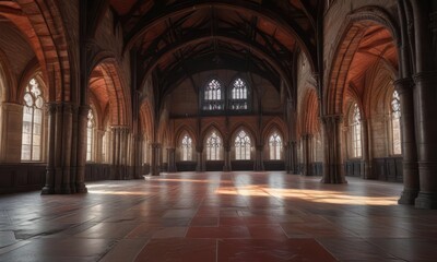 Obraz premium Old, stone-built parliament hall with red-tiled roof and Gothic arches, Spain, stone architecture