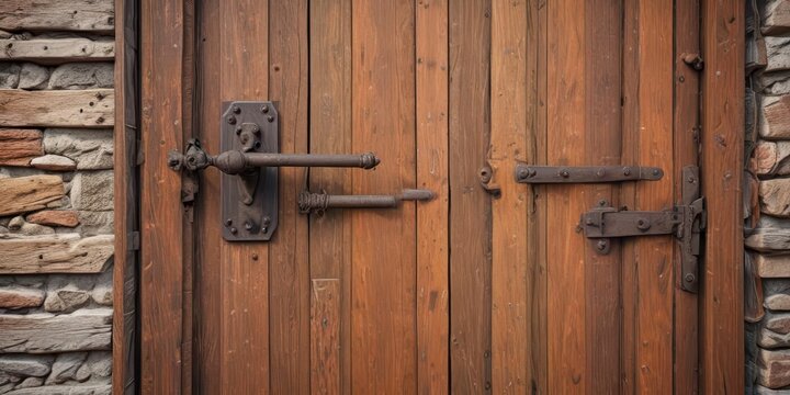 Old wooden door with a rusty hinge and worn handle, rusty hinges, wooden doors