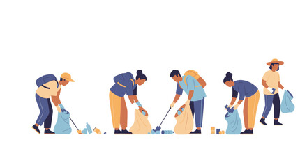 Naklejka premium Diverse group of volunteers cleaning up trash in park. EPS Editable. Vector Illustrations.