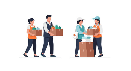 Obraz premium Group of volunteers packing and carrying cardboard boxes for charity donation. EPS Editable. Vector Illustrations.