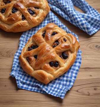 Raisin danish pastry on a rustic wooden surface covered in blue and white gingham fabric ,  baking,  snack