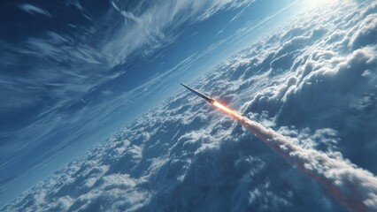 Obraz premium Rocket flying high above Earth atmosphere with glowing exhaust