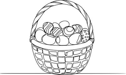 Fototapeta premium Minimalist one line drawing of a basket full of Easter eggs on a white background. Perfect for Easter themed graphics, cards, and social media posts. Continuous One Line Drawing of an Easter Basket