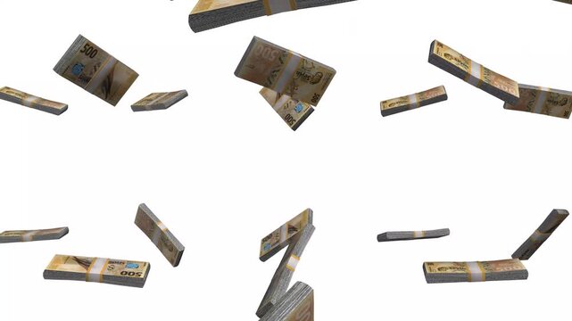 Seychelles Money, Seychellois Rupee Banknotes Falling, SCR Currency Stacks, White Background, 4K