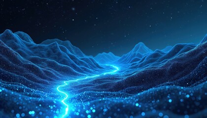 Naklejka premium Abstract blue digital landscape with glowing light stream. Futuristic mountains covered in particles under starry night sky. Represents data flow and virtual travel.