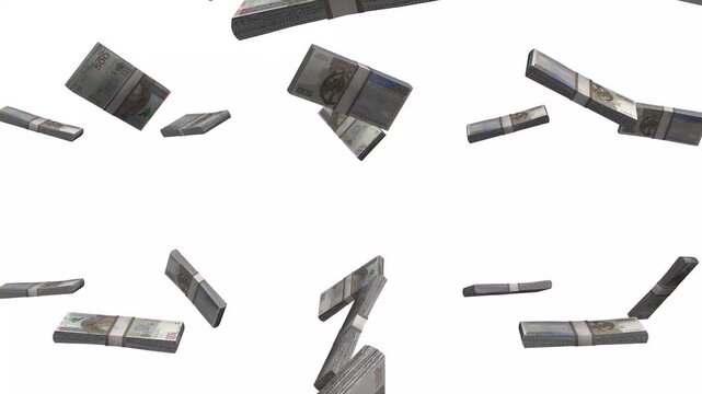 Poland Money, Polish Zloty Banknotes Falling, PLN Currency Stacks, White Background, 4K