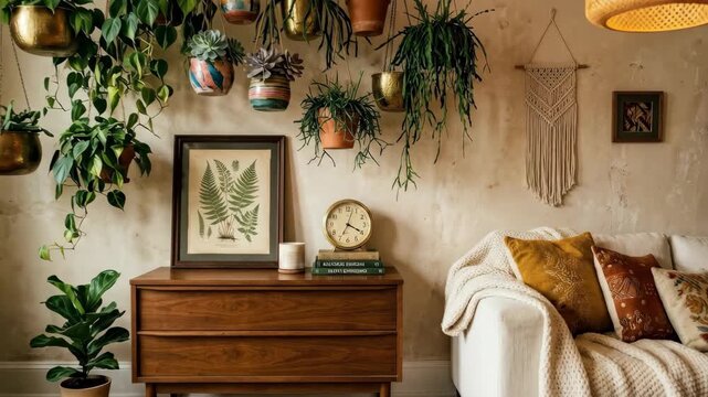 A rich vintage-bohemian living room centered on a lush cluster of hanging philodendrons, rosette-form succulents, and branching cacti in a curated mix of hammered brass, painted raku, and raw