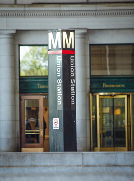 Entrance and pylon of the Union Station metro station in Washington, D.C., USA, April 7, 2026.