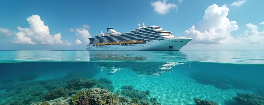 Giant cruise liner floats on clear blue ocean water. Underwater view shows vibrant coral reef and clear sea. Tropical paradise destination, summer vacation voyage.