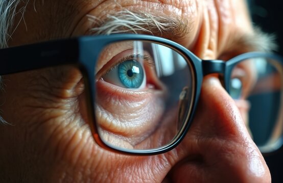 Close up of senior man eye with blue iris wearing eyeglasses. Wrinkled skin shows age. Focus on vision impairment and optical correction needs. Old person looks closely.