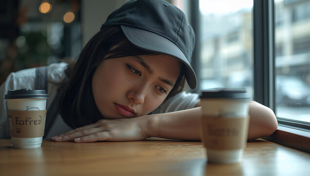 明るい窓辺で物思いにふける日本人女性バリスタの横顔