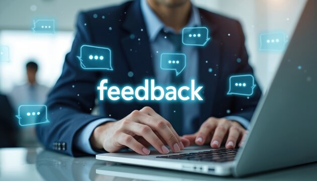 Businessman types on laptop, receiving digital feedback through chat icons. Online communication, customer service, and business review concept. Shares insights and opinions.