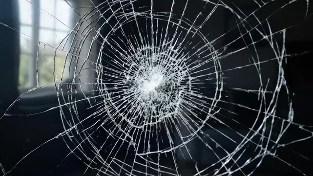 A modern flat-screen television with a catastrophically shattered display screen, a spiderweb of radiating cracks spreading from a central impact point across the darkened panel, the set standing on a