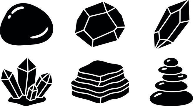 Black vector art of various stone gem crystal and mineral shapes in simple silhouette