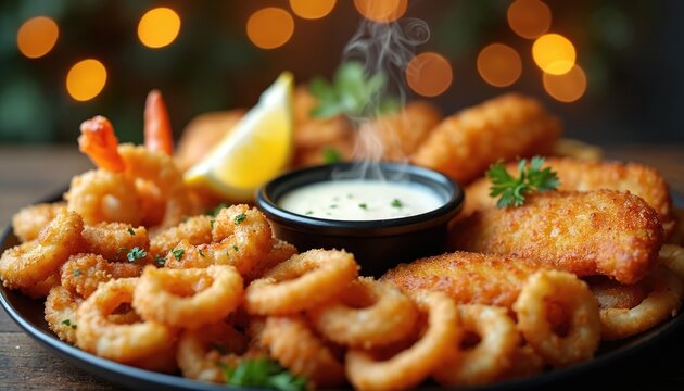 Fried seafood platter with shrimp, calamari, fish fillets. Served with dipping sauce, lemon wedge. Golden crispy batter, fresh parsley garnish. Delicious meal presented on black plate with bokeh
