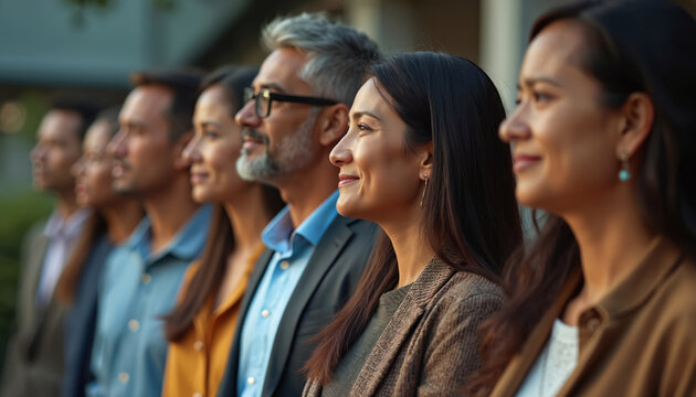 Diverse group of AAPI men and women in semi-formal attire stand together. They represent unity, community, and shared vision for progress and hope.