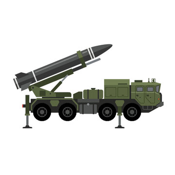 Flat minimal icon of missile launcher vehicle with deployed outriggers, side view.